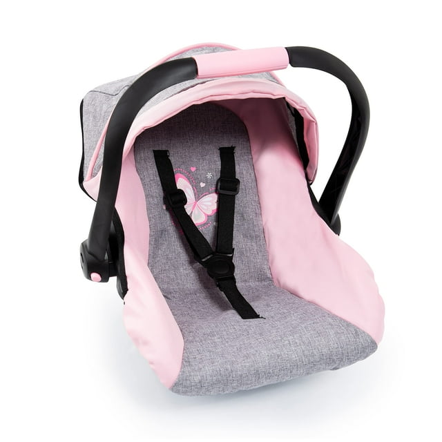 Bayer Design 67933AA Juguete, Silla de Coche Easy Go para Cochecito Neo Vario con Funda, Accesorios para muñecas, Rosa, Gris con Mariposa, Gris/Rosa, para muñecas de hasta 18"