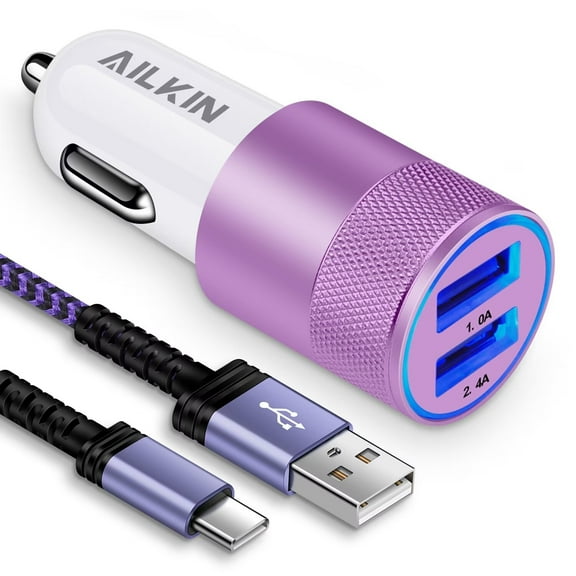 Car Charger Adapter Usb C,AILKIN Usb C Car Charger for Android Type C Car Charger Fast Charging Cigarette Lighter Adapter with Usb Type C Charging Cable 10ft,Purple