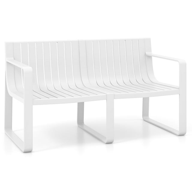 Gymax Patio Loveseat 2-Person Bench w/ Curved Backrest Slatted Design for Backyard White