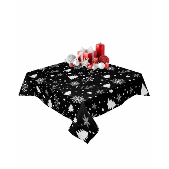 Square Tablecloth 60 x 60 Inches Christmas Trees Winter Snowflakes Black Waterproof & Stain Resistance Table Cloth Decorative Fabric Table Cover for Dinning/Party/Buffet/Banquet