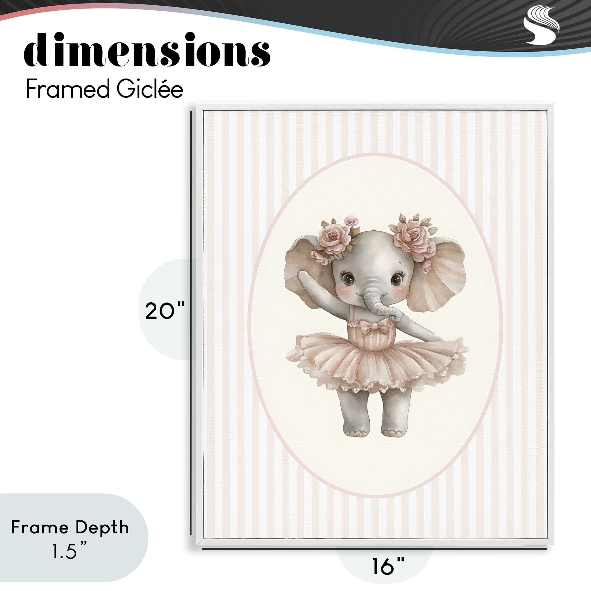 Stupell Industries Nursery Ballerina Elephant Striped White Framed Giclee Art, design by LSR Design Studio