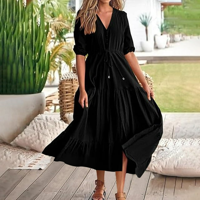 Robe d'Été pour Femmes 2024 Mode Grande Taille Col en V Manches Courtes Bouton Cordon de Serrage Ourlet Fendu Taille Solide Robes 50 % de Réduction!