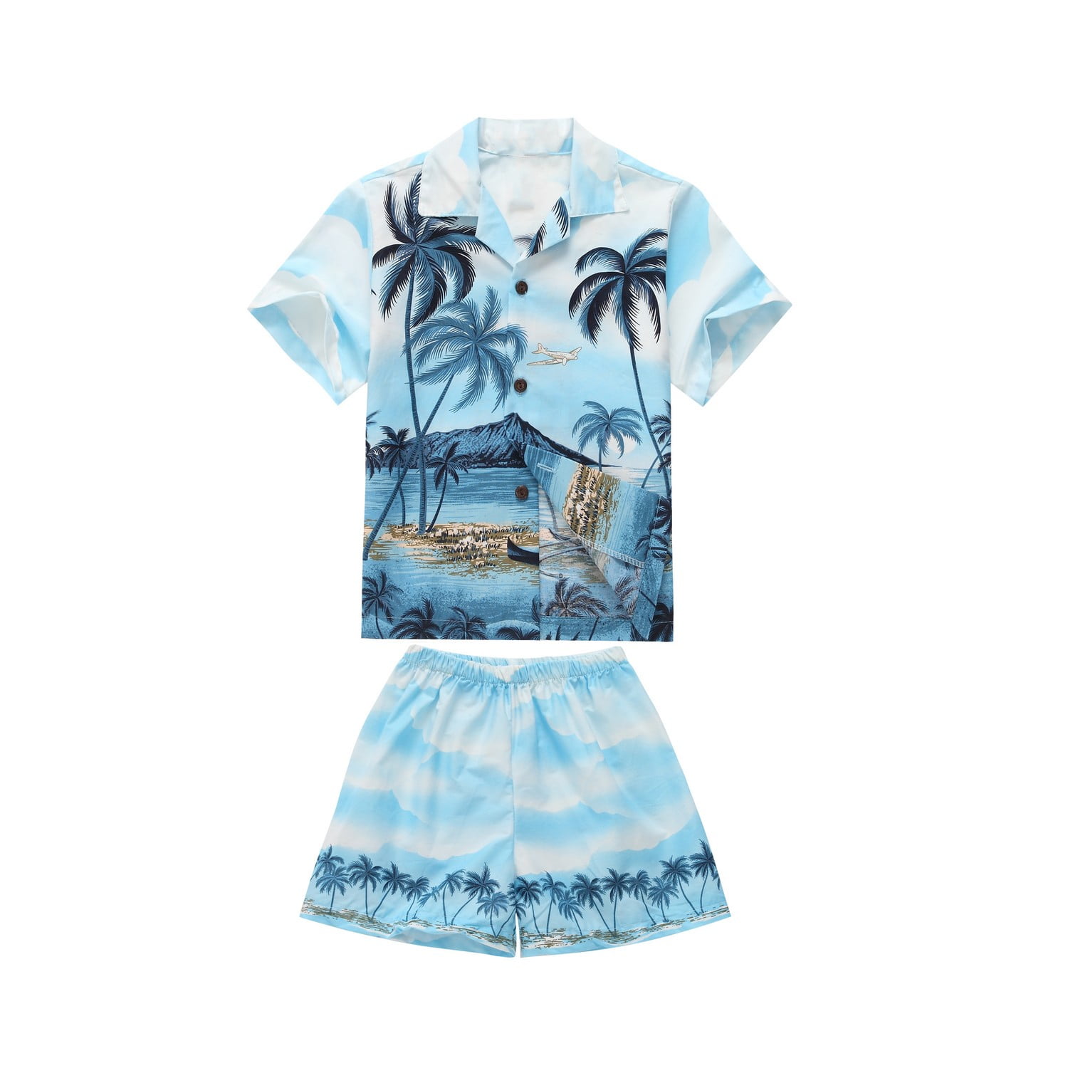 Palm Wave Young Adult Boy Hawaiian Aloha Luau Shirt in White Map and Surfer