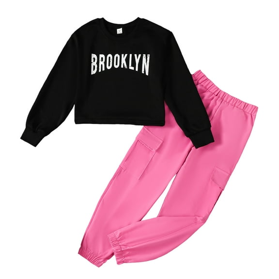 10Y Big Girls Clothes Big Girls Outfits Long Sleeve Letter Print Round Neckline Top Pants 2PCS Girls Fall Winter Clothing Set Black