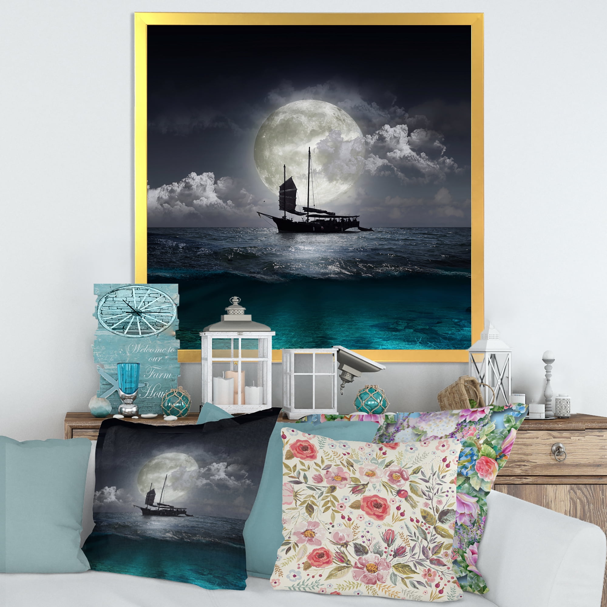 The Lake During Full Moon With Fisher Boat 16 in x 16 in Framed Photography Canvas Art Print, by Designart