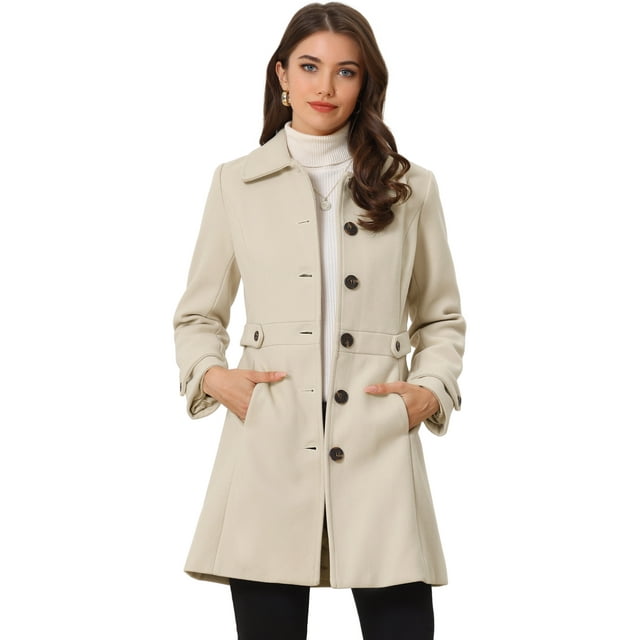 Abrigo Largo Invierno Allegra K Bolsillos Mujer Beige XS