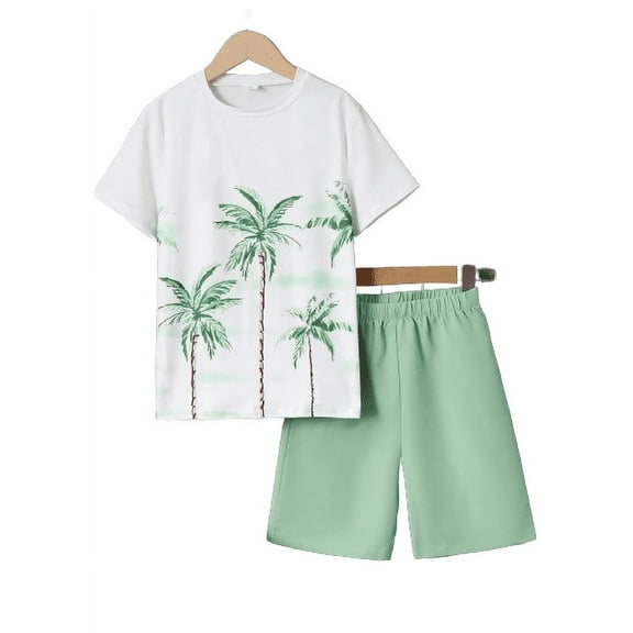 Mikrdoo Big Boys Clothes 8Y,9Y,10Y,11-12Y,13-14Y Kid Boys Outfits Bamboo Print Short Sleeve Tops Elastic Shorts 2Pcs Summer Casual OOTD Light Green