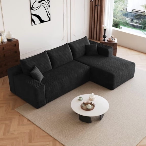 95" Cloud Sectional Sofa, Modern Corduroy Upholstered Couch, No Assembly Required Deep Seat Modular U-Shaped Sofa for Living Room Apartment, Black