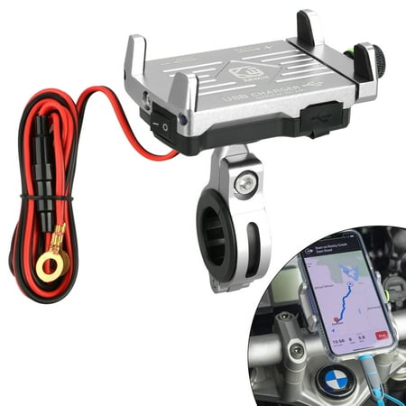 2 in 1 Motorcycle Phone Mount, Aluminum Alloy Motorbike Phone Holder with USB Charger Socket Outlet 5V/2.5A for iPhone XR Xs Max Xs X 8 7 6 Plus Samsung Galaxy S10 S9 S8 S7 S6