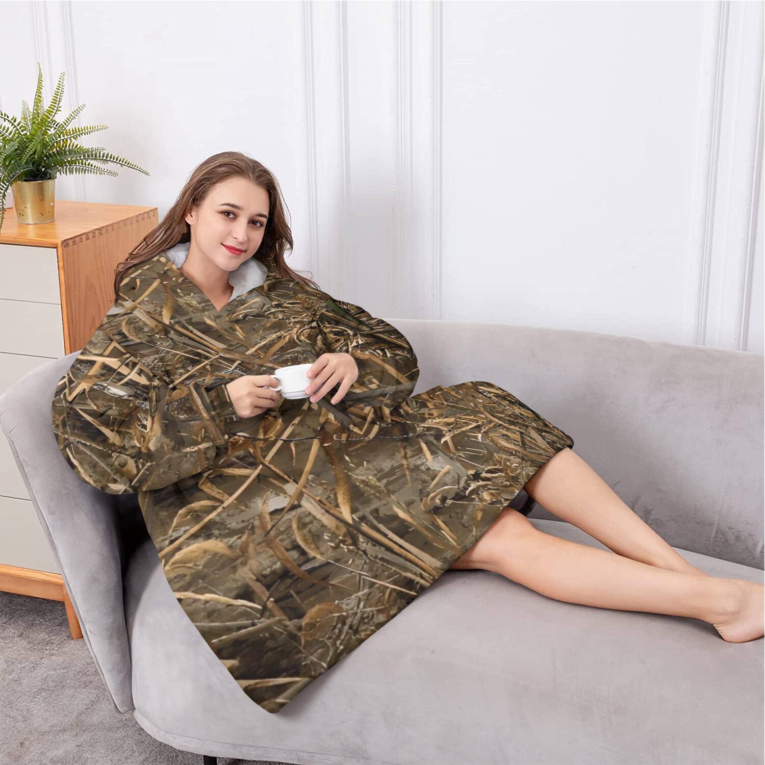 Oversized Wearable Blanket Hoodie,Grassland Camo Brown Plants Pattern Sherpa Blanket Hoodie with Super Pockets,Super Warm Fuzzy Pullover for Women & Men