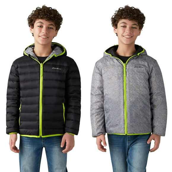 Eddie Bauer Boys Reversible Hooded Down Jacket (Black/Heather Grey, Medium 10/12)