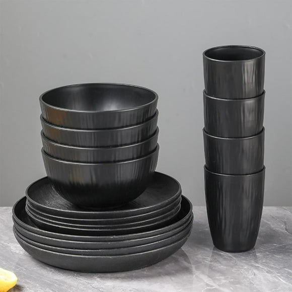 16-Piece Wheat Straw Plastic Dinnerware Set with Plates, Bowls, and Cups, Shatterproof, Microwave and Dishwasher Safe, Reusable and Stackable for Home Kitchen Dining