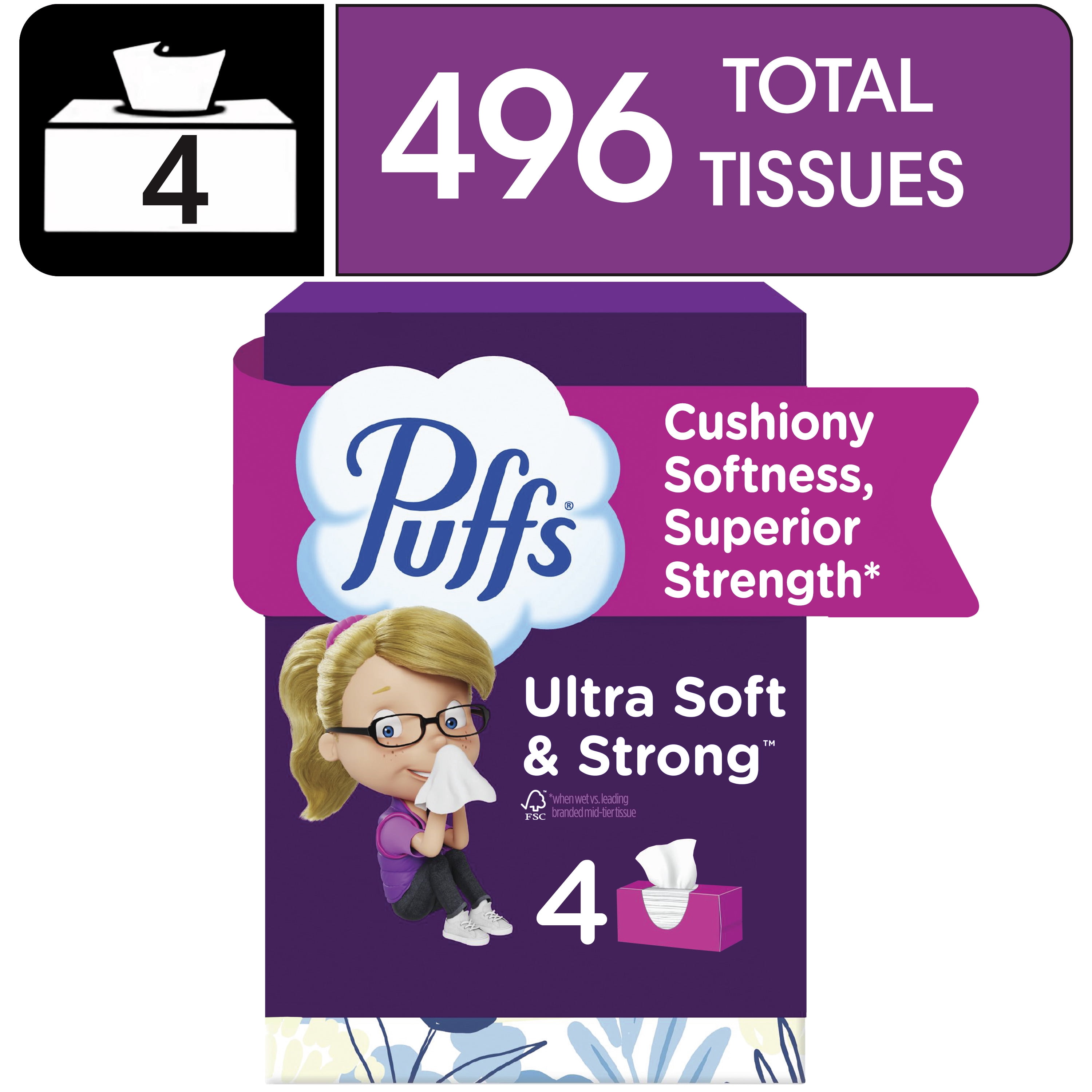 (6 pack) Puffs Ultra Soft Facial Tissues, 4 Family Size Boxes, 124 Facial Tissues per Box