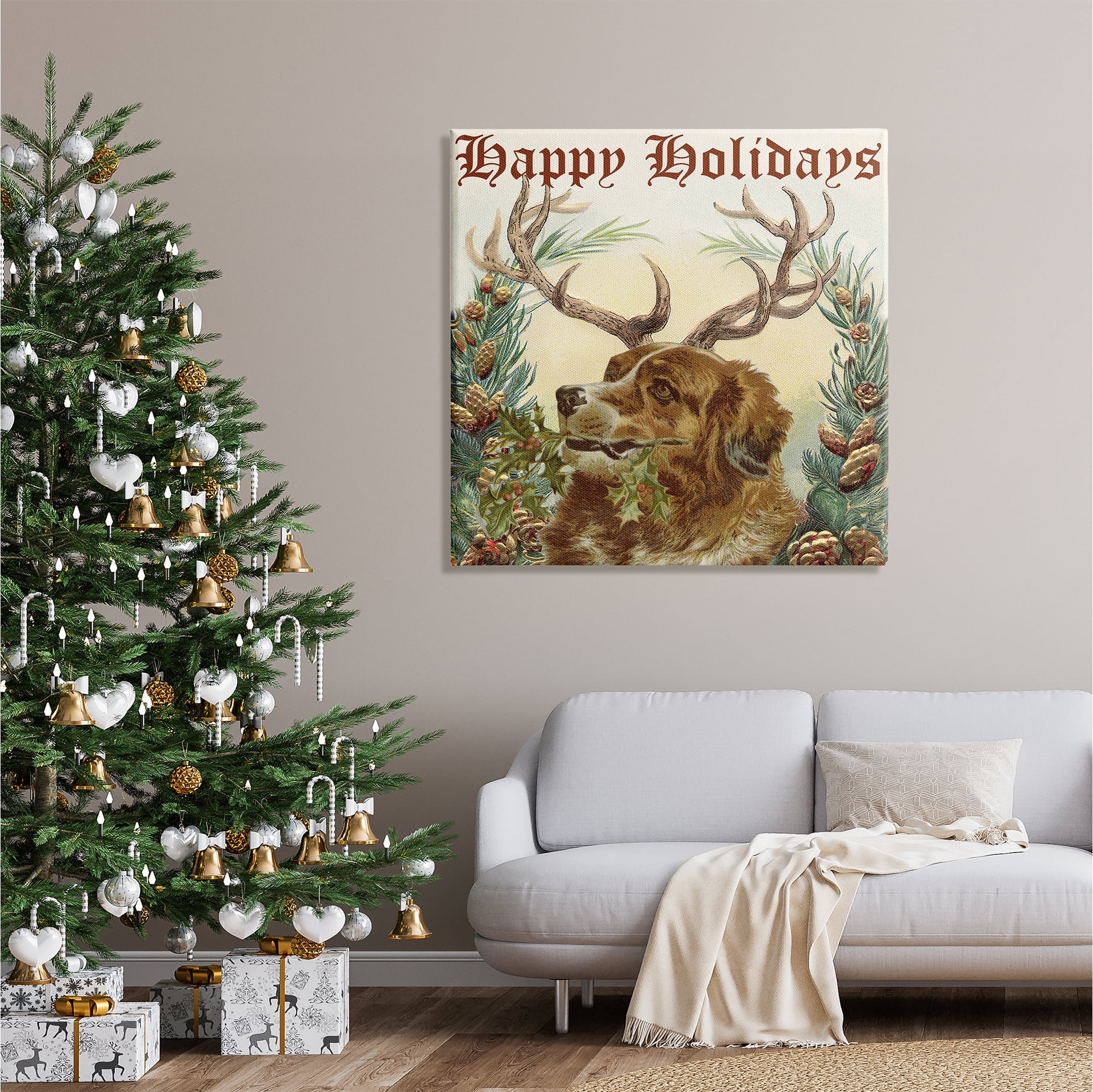 Stupell Industries Dog Wearing Antlers Seasonal Holiday Botanicals Graphic Art Gallery Wrapped Canvas Print Wall Art, Design by Alicia Longley