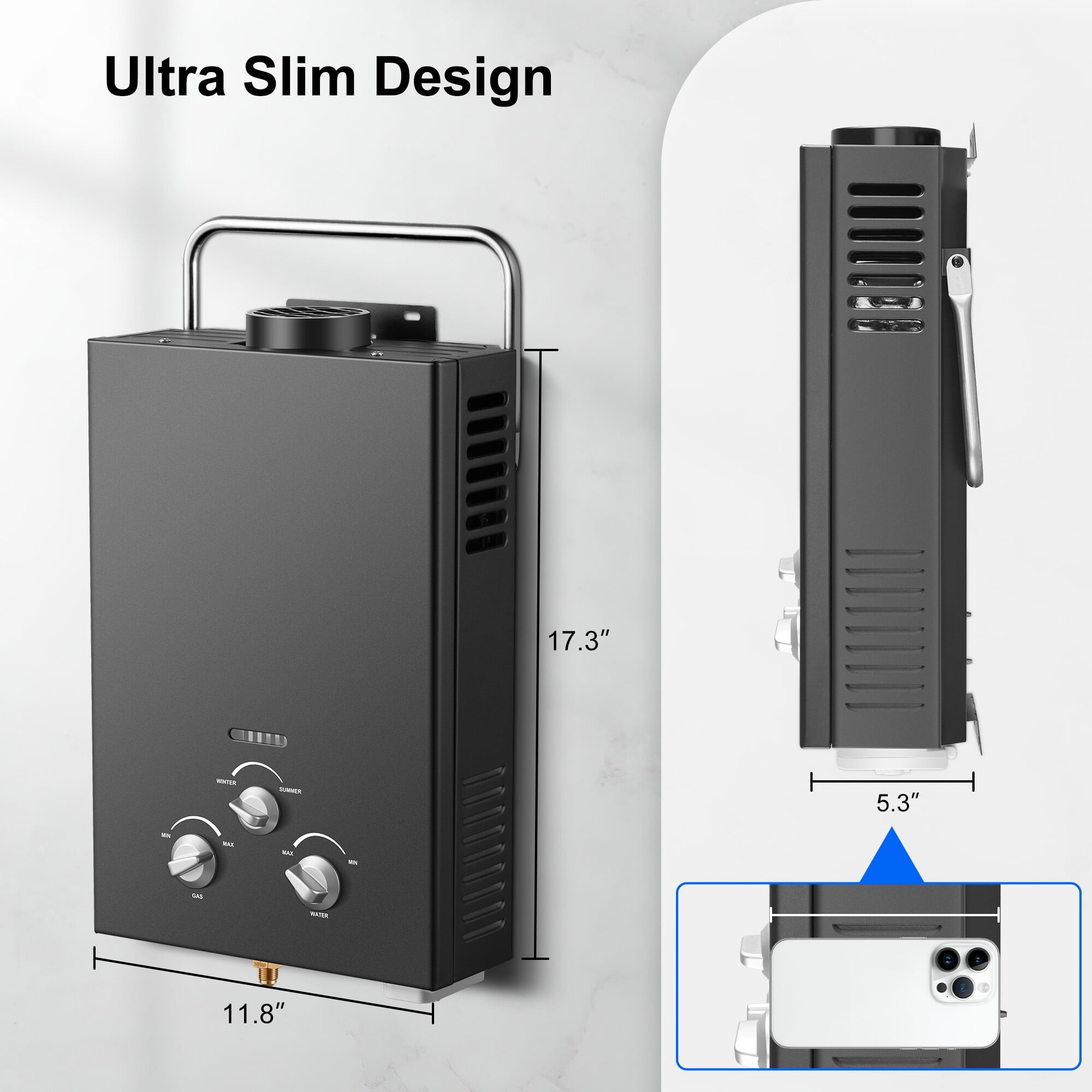 6L Portable Natural Gas Tankless Water Heater, 1.58GPM Instant Hot Shower for Camping/RV, 40K BTU, Black
