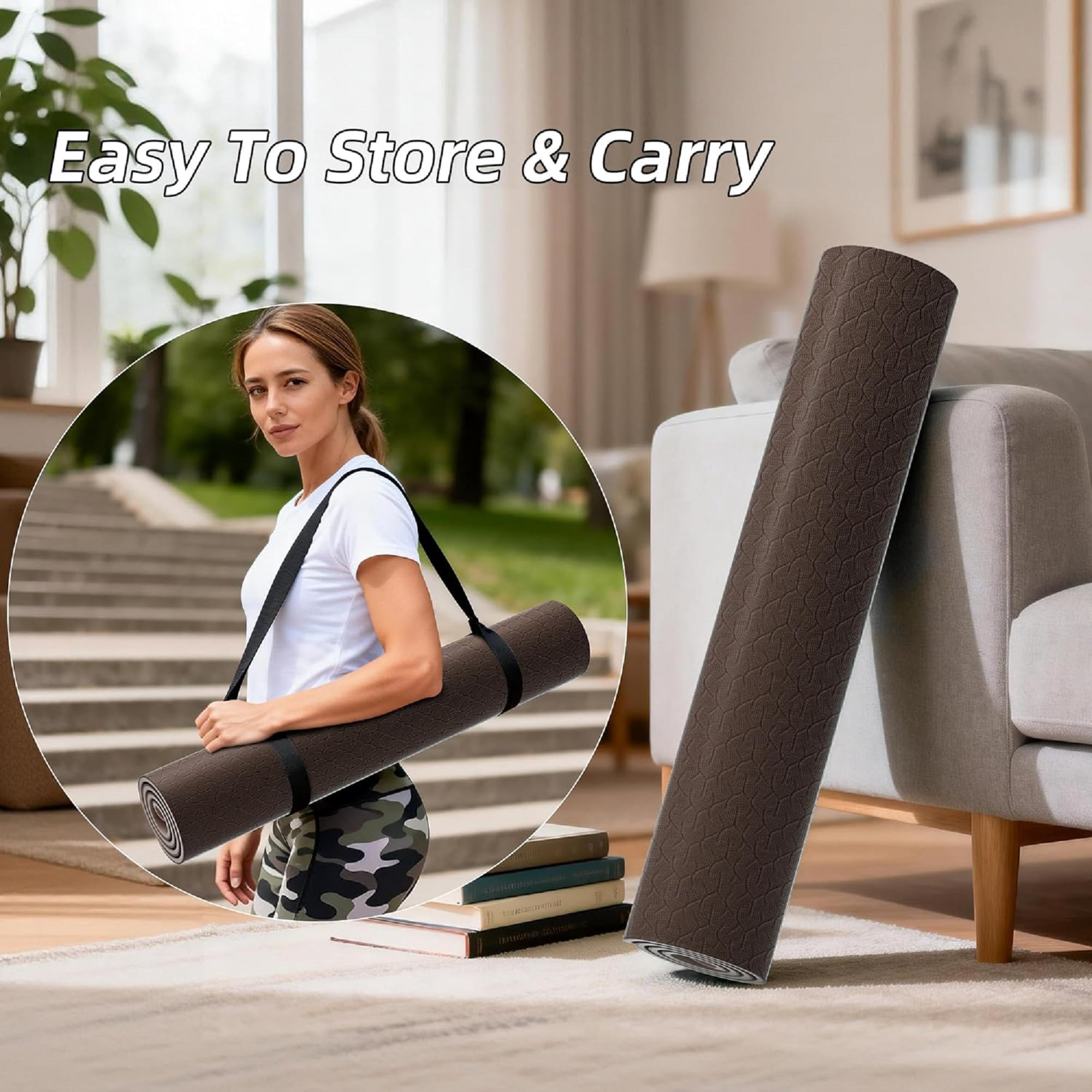 LAMEI Yoga Mat Thick 10mm, 31.5" Extra Wide for Men and Women, Non-Slip TPE Exercise Matt, Two Tone Fitness Mats with Straps for Carrying(Brown+Beige)