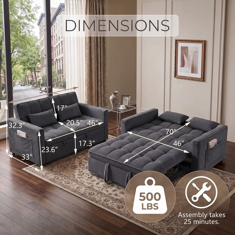 Gewnee 54" Sofa Bed, Convertible Sleeper Sofa & Pull Out Couch with Adjustable Backrest and Storage Pocket, Gray(Corduroy)