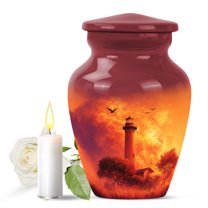 JAGASY Lighthouse Memorial Urns for Human Ashes Keepsake - Orange Small Urn for Ashes for Women - Yellow Clouds Sunset Tree Decorative Urns for Brother - Mini Cremation Urn for Sister - (3 Inch)