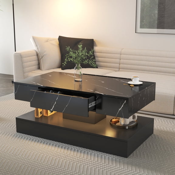 PAPROOS LED Black Coffee Table 39" with 2 Drawers & Open Shelf – Modern High Gloss Center Table with Storage, Large Rectangle Living Room Coffee Table with Marble Print