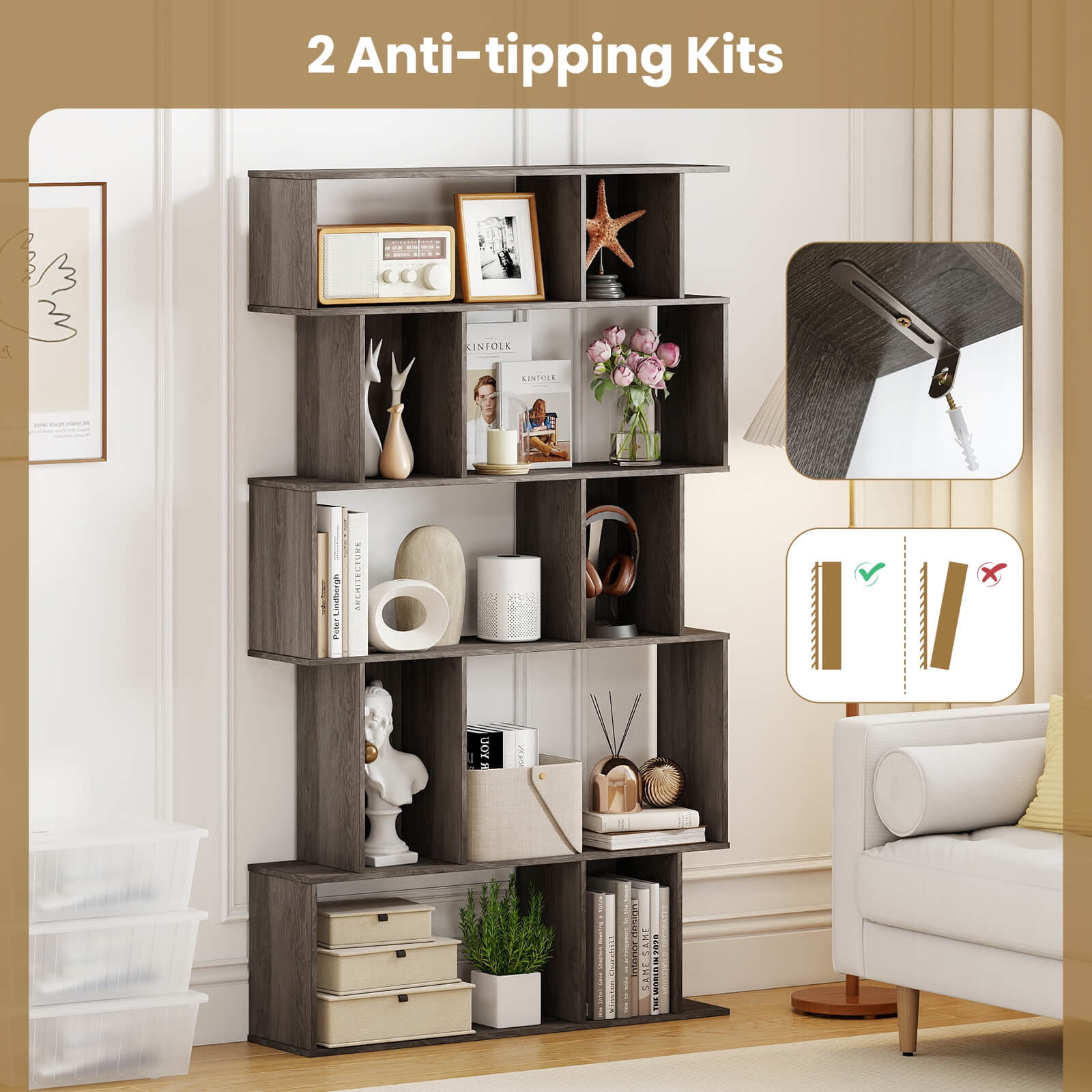 Costway 1 PCS 5-Tier Geometric Bookshelf with Open Shelves & Closed-back Cubes for Living Room Gray Oak