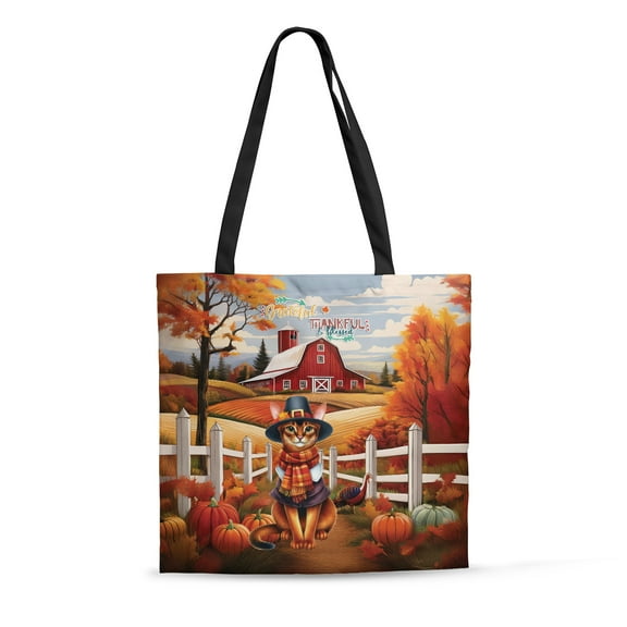 Thanksgiving Abyssinian Pilgrim Grateful, Thankful, Blessed Fall Welcome All Over Print 3D Canvas Tote Bag Cat Lover Kitten Owner Gifts Reusable Handbag - 00021