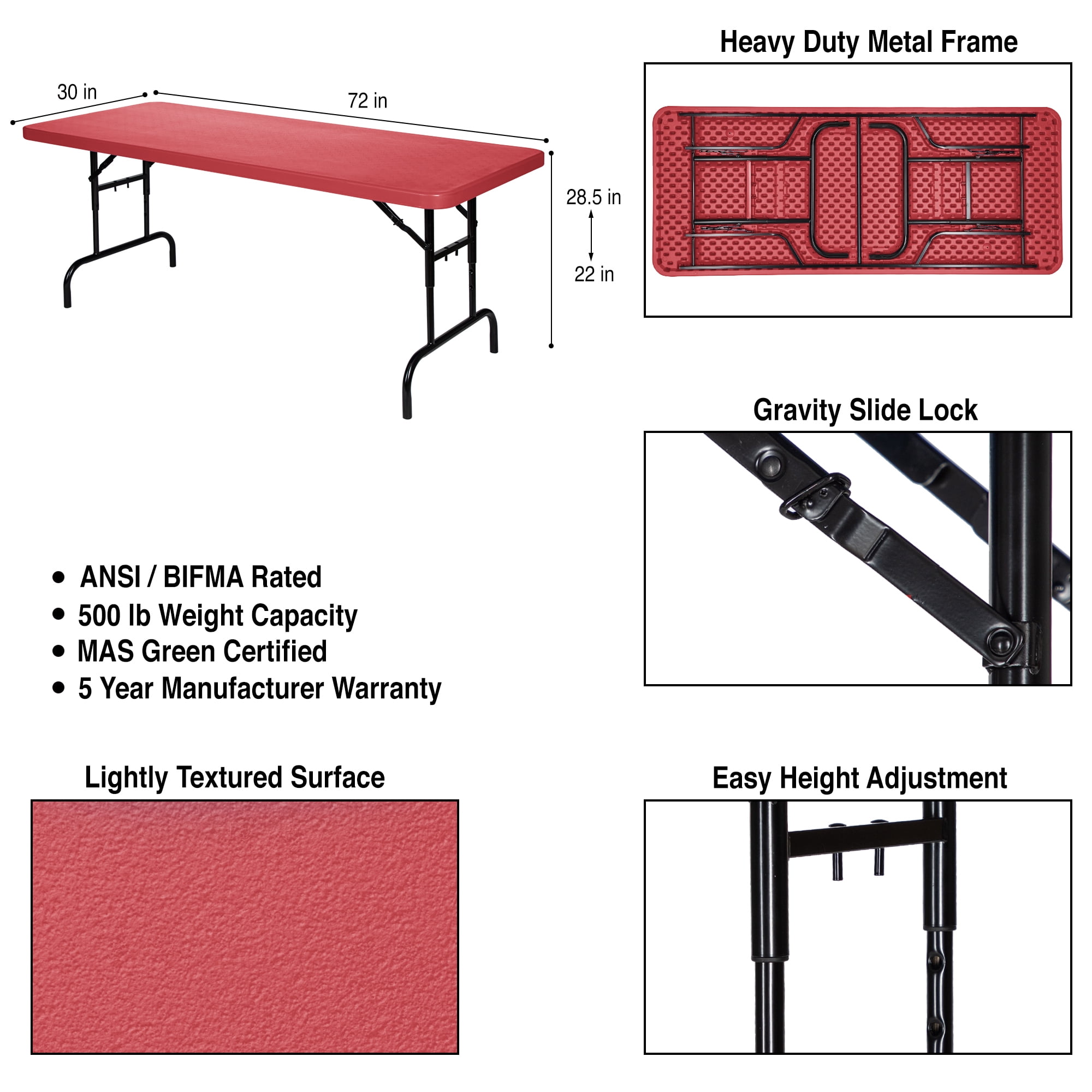 Hampden Furnishings Baldwin Collection Adjustable Folding Table 30"x72" Plastic/Steel, Red