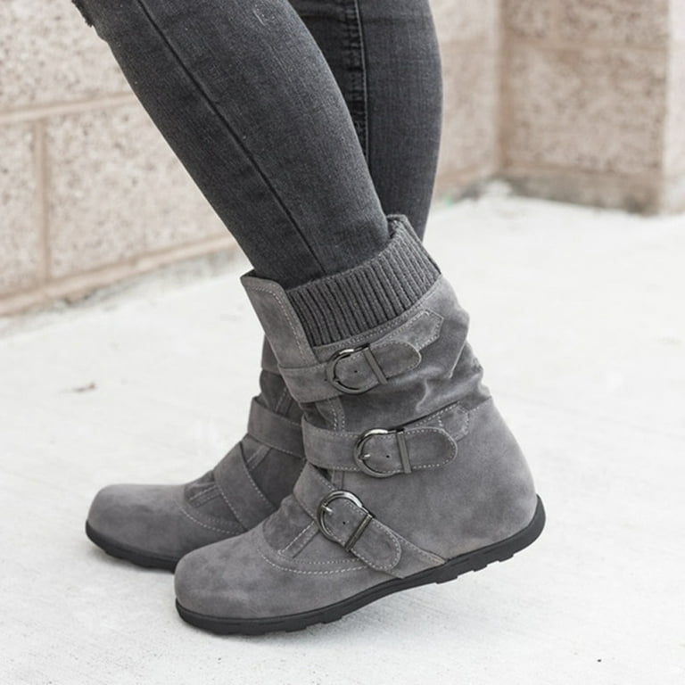 Grey mid calf shop flat boots