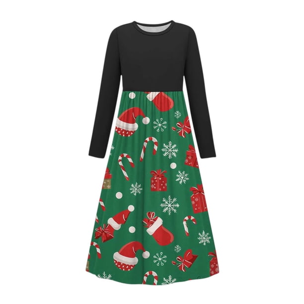 Vestido de manga larga con cuello redondo para niña, estampado navideño, manga larga, cuello redondo, bolsillos, falda larga informal para adultos, vestido de poliéster para niña.