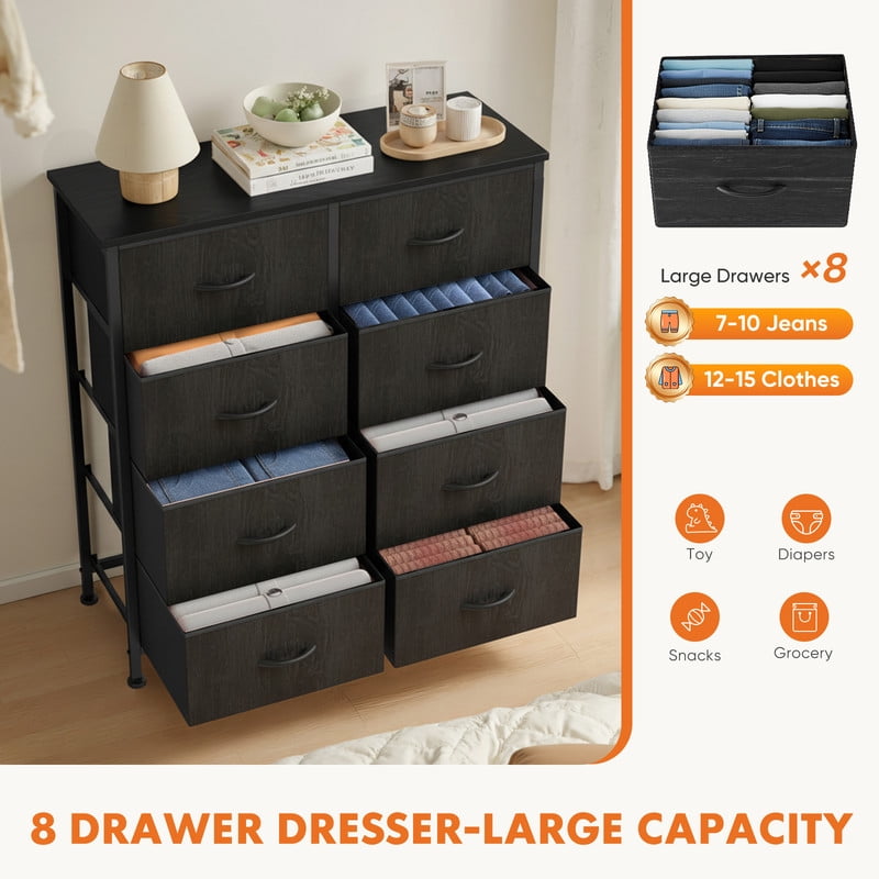 Gianna Chest of Drawers with 8 Fabric Drawers, Drawer Cabinet, Organization Furniture for Kitchen, Office, Hallway, Black Wood