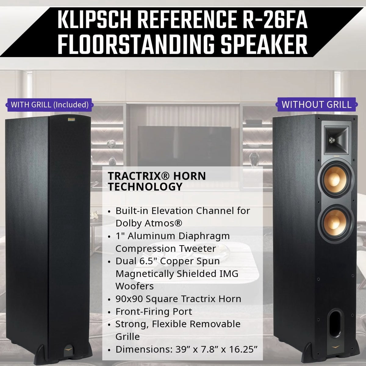 Klipsch Reference 5.0 Home Theater Pack with 2x R-26FA Floorstanding Speaker, R-25C Center Channel Speaker and 2x R-14M Bookshelf Speaker, Black