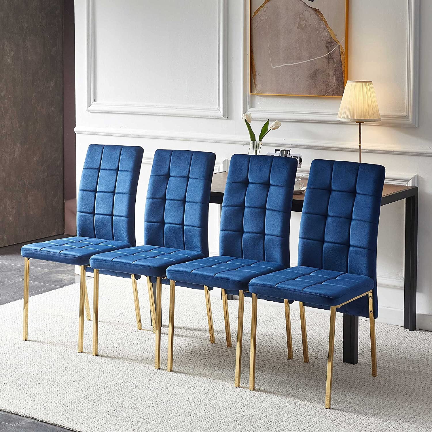 NORDICANA Velvet Dining Chair Set of 4, Comfy Room Chair Upholstered Side Chair Armless Living Chair Elegant Makeup Chair with Golden Metal Legs for Bedroom,Living Room, Restaurant