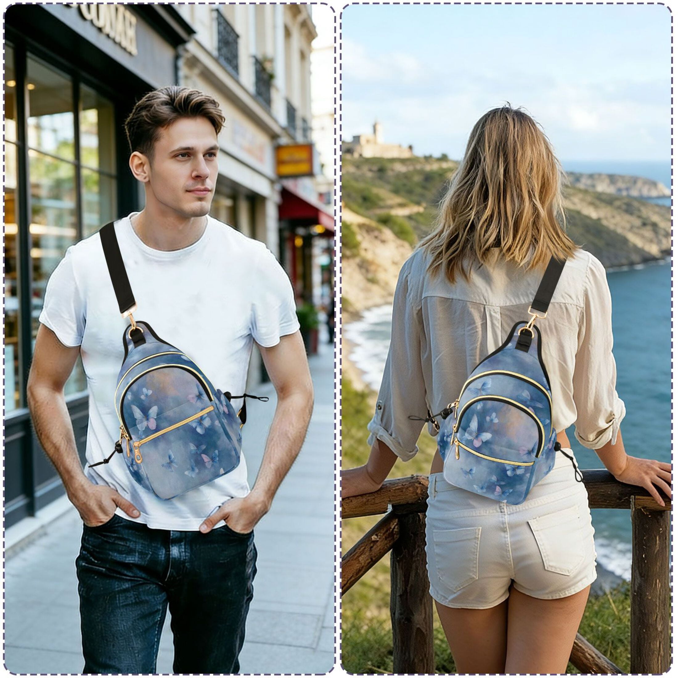 Crossbody Sling Bag for Women Shoulder Purse Trendy Daypack with Adjustable Strap Blue Butterflies Flying