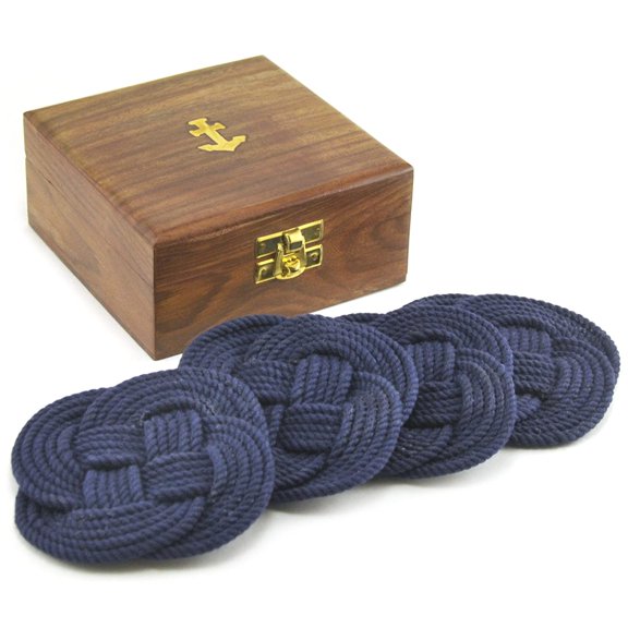 Rope Coaster Set (Navy Blue Braided Style) With Square Wooden Box (4.75" x 4.75")