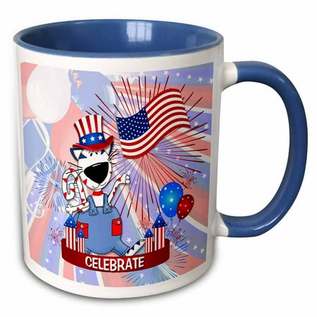 Fireworks Mug - 3dRose Cute Red White and Blue Patriotic Cat with Flag and Fireworks for Kids - Two Tone Blue Mug, 11-ounce