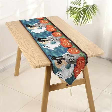 

Hueook Table Cloth Halloween Pumpkin Spider Cotton And Linen Embroidery Table Runner Tablecloth Twin Duvet Cover