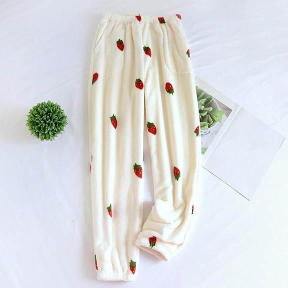 Sunvit-Panties Pajamas Womens Beige Sleep Pants 100% Polyester Ultra-Soft Strawberry Print Elastic Waist Side Pockets Relaxed Fit for Home Lounging/Sleep (M/L/XL),Size XL