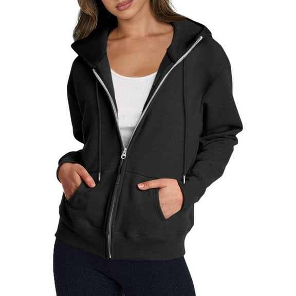 Kixjoy Black Zip Up Hoodie Women Drawstring Relaxed Fit Plus Size Hoodies Casual Long Sleeve Hooded Jacket Trendy Warm Winter Coats for Women with Pockets, Black S