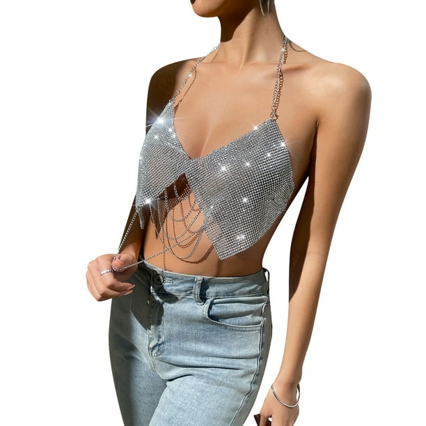 Las mujeres Sling Chaleco Tops, sin mangas fuera del hombro brillante brillante Rhinestone Casual Fiesta Calle Verano Camisa Corta Nituyy Camisola de strass para mujer