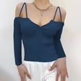 thumbnail image 2 of XFLWAM Women Spaghetti Straps Long Sleeve Ribbed Knit Top Off Shoulder V Neck Shirt Cold Shoulder Solid Color Slim Blouse Blue M, 2 of 6