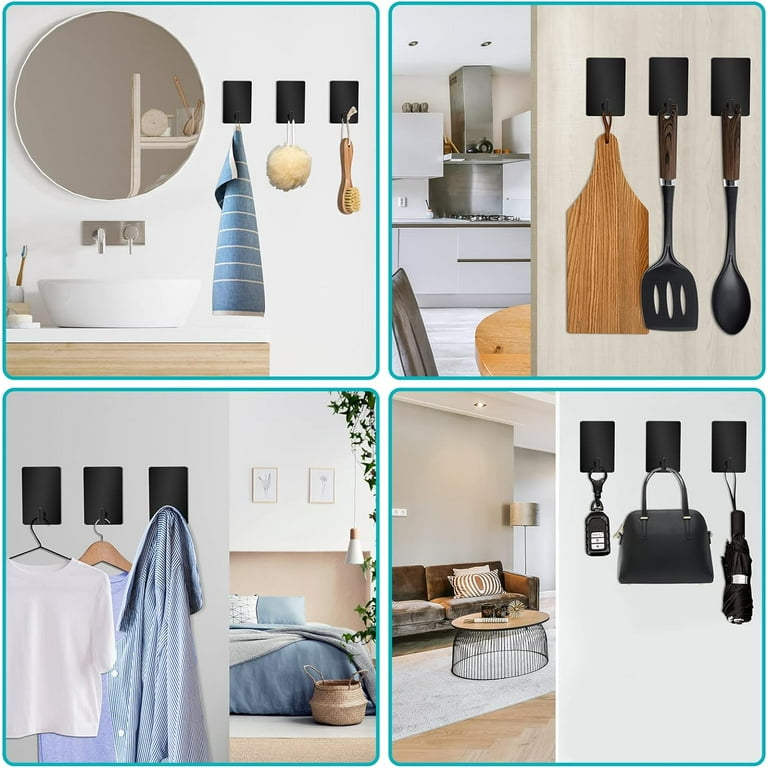 6-Pack Black Stainless Steel Self-Adhesive Hooks - Heavy Duty 13lb Hold, Waterproof For Bathroom, Kitchen, No Drill Needed