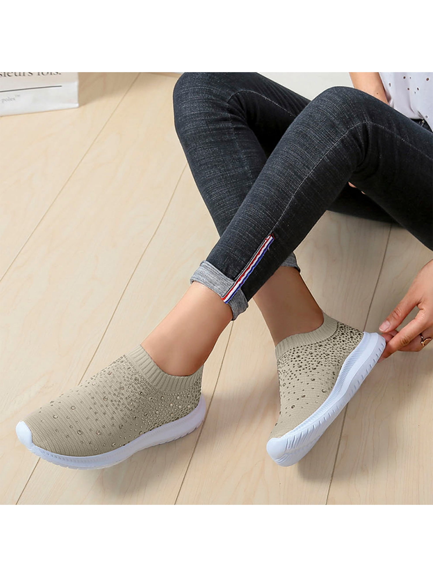 Daeful Women Sneakers Knit Upper Flats Rhinestone Casual Shoes