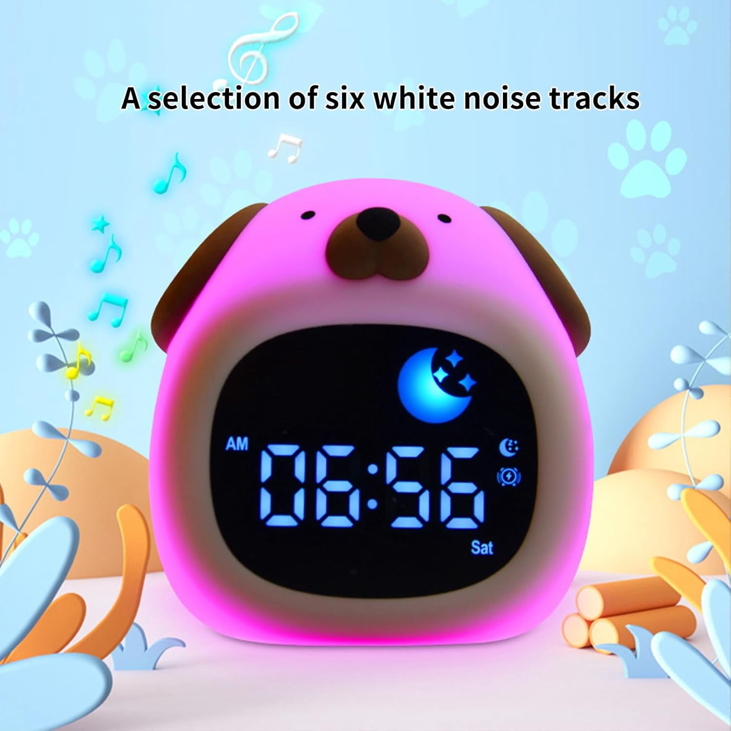 Puppy Animal Alarm Clock With Night Light, USB Rechargeable Sleep Trainer With 6 Music Modes For Bedroom