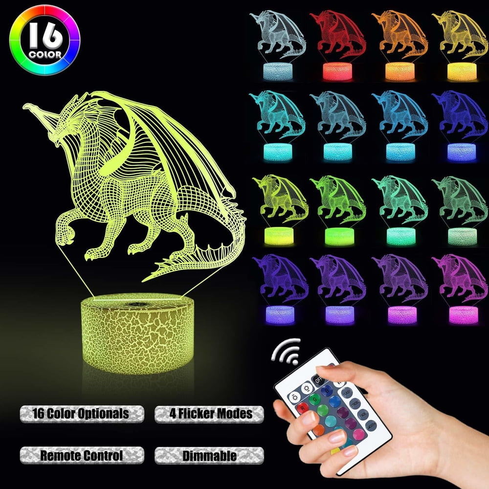 Children's LED Night Light, 3D Dragon Illusion Lamp for Bedroom Decor, Remote-Controlled 16-Color Changing, Perfect as a Christmas or Birthday Gift