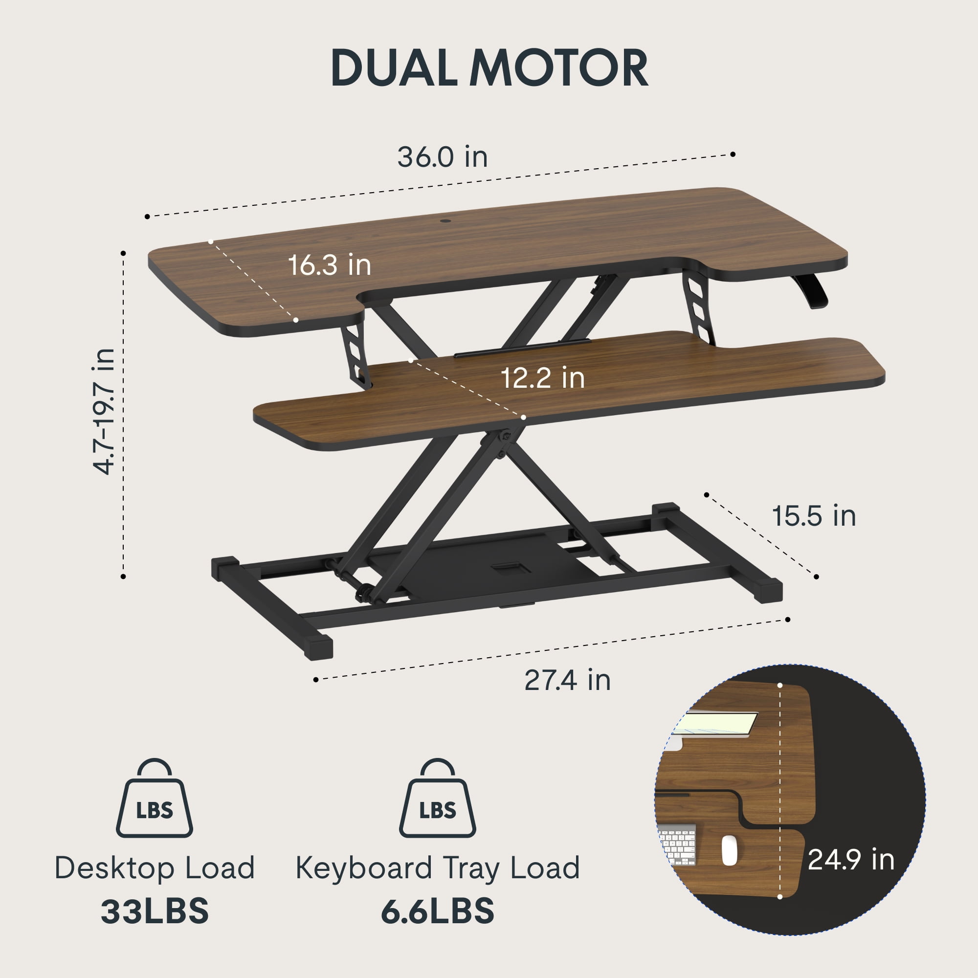 FitStand Home Office Height Adjustable Standing Desk Converter Walnut 35" U-Shape with Keyboard Tray