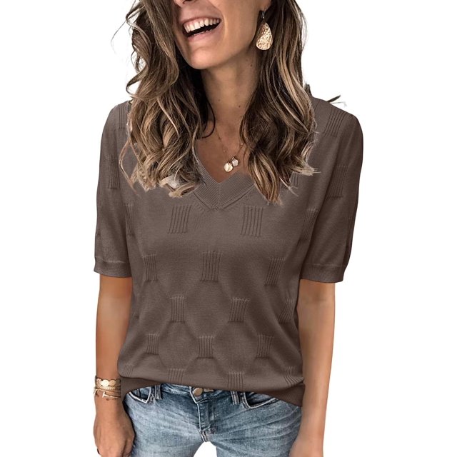 Arach&Cloz Women's V-Neck Short Sleeve Special Rib Knitted Pattern Casual Tops Sweater Spring Summer 2025
