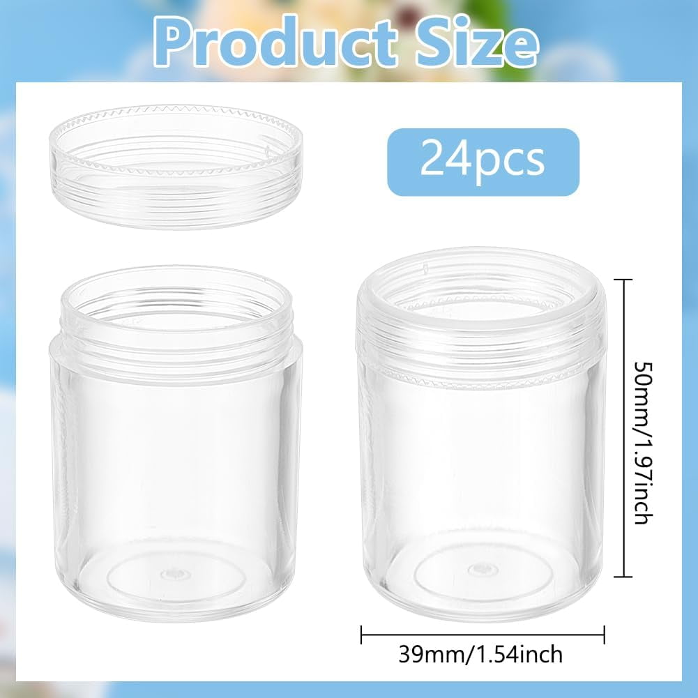 24 Pack 40ml Clear Bead Jar Empty Plastic Storage Container 1.5x2inch with Rounded Screw-Top Lids for Beads Nail Art Glitter Make Up Cosmetics and Travel Cream for DIY