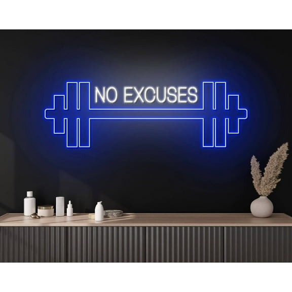 Glowneon No Excuses Dumbell Neon Sign, Gym Fitness Decor