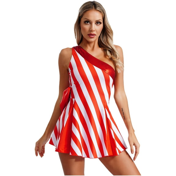 Zaldita Women's Christmas Candy Cane Striped Dance Dress Striped One Shoulder Sleeveless Mini Dress Red M