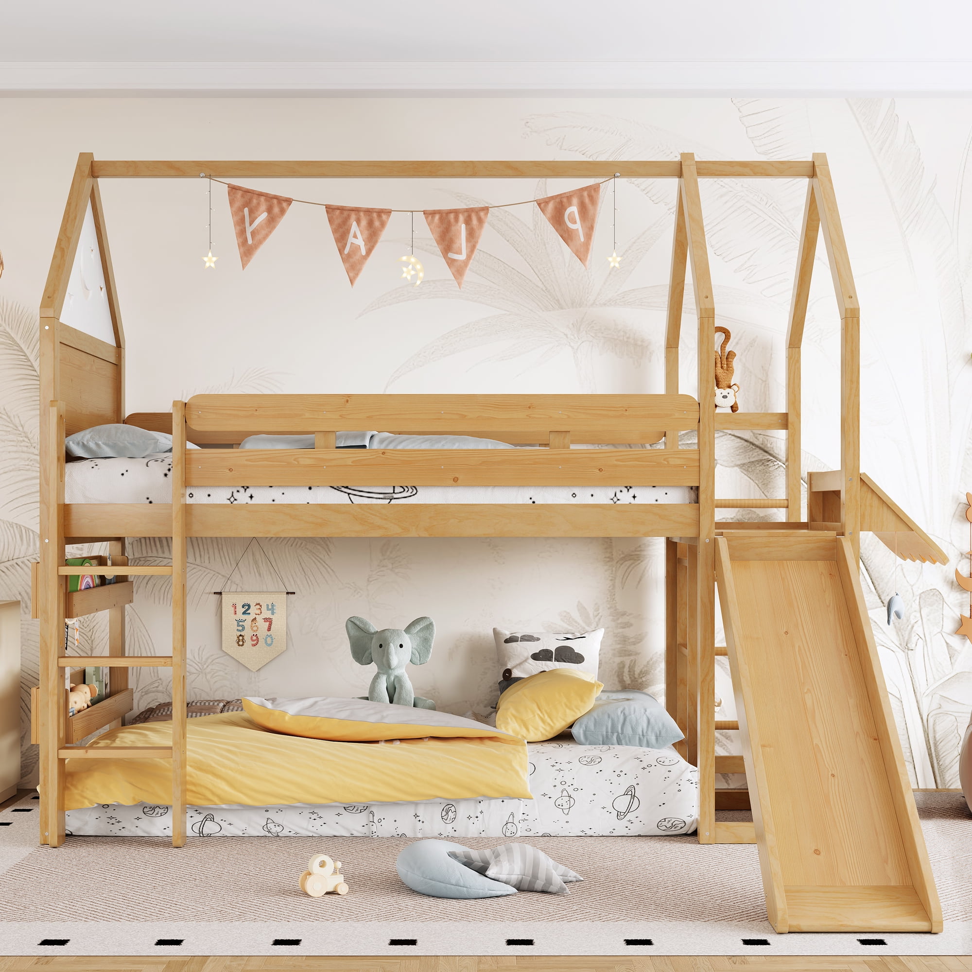 Yoneston Twin House Shaped Loft Bed with Slide and Bookshelf, Starry Moon Platform House Bed with Stairs, Roof & Guardrails for Kids Teens Bedroom Playhouse, Natural