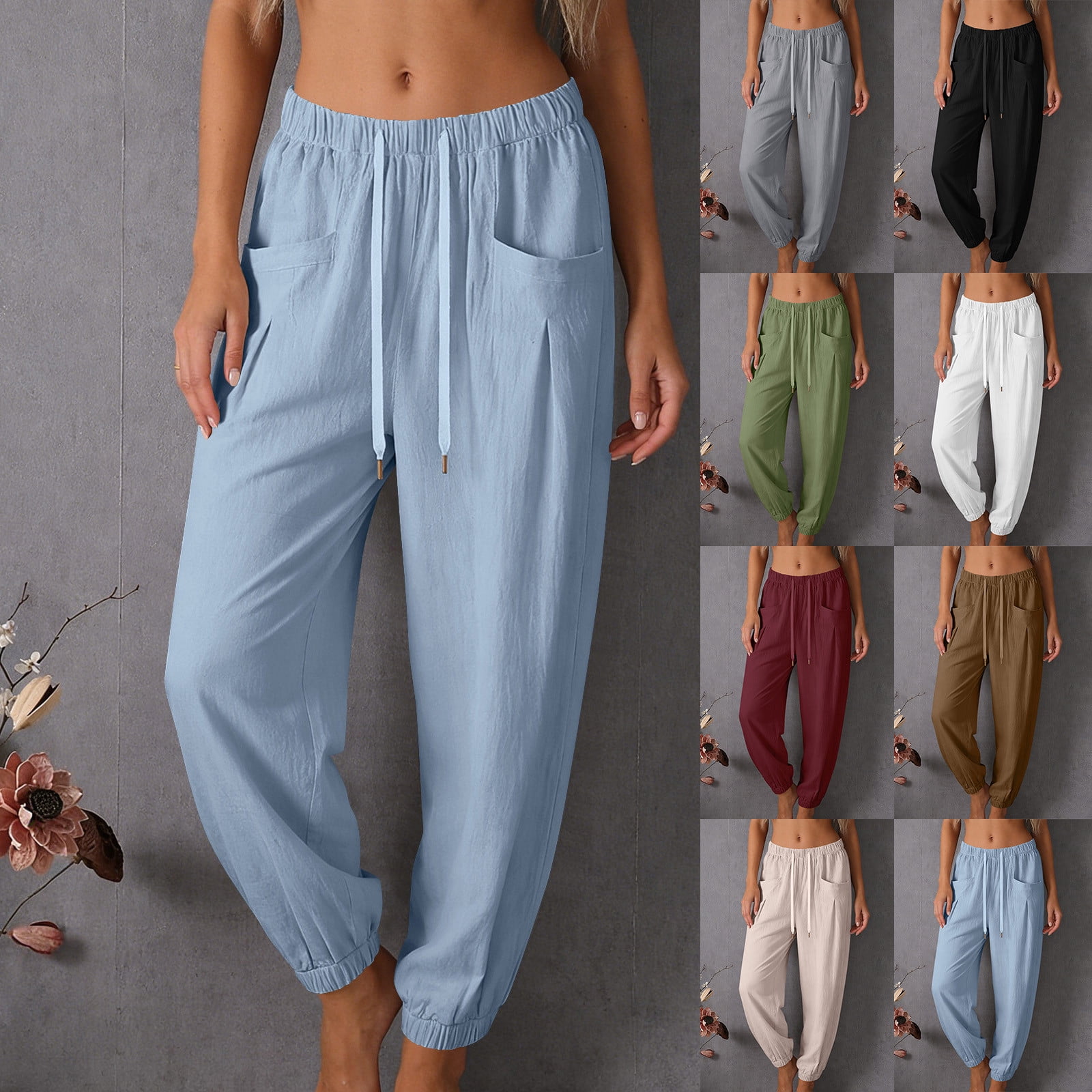 YuXingFu Womens Casual Cotton Linen Solid Elastic Waist Shorts with Pockets (注意：中文原文&ldquo;短裤&rdquo;，但后面说&ldquo;女士长裤&rdquo;，矛盾。按短裤保留，如需改长裤请告知) Light Blue XL